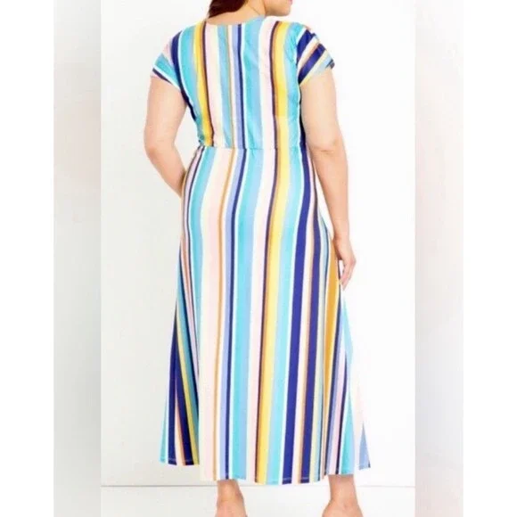 Eloquii Stripe Wrap Tie Maxi Dress Womens 24 Rainbow V-Neck Short Sleeve NEW - Picture 3 of 10